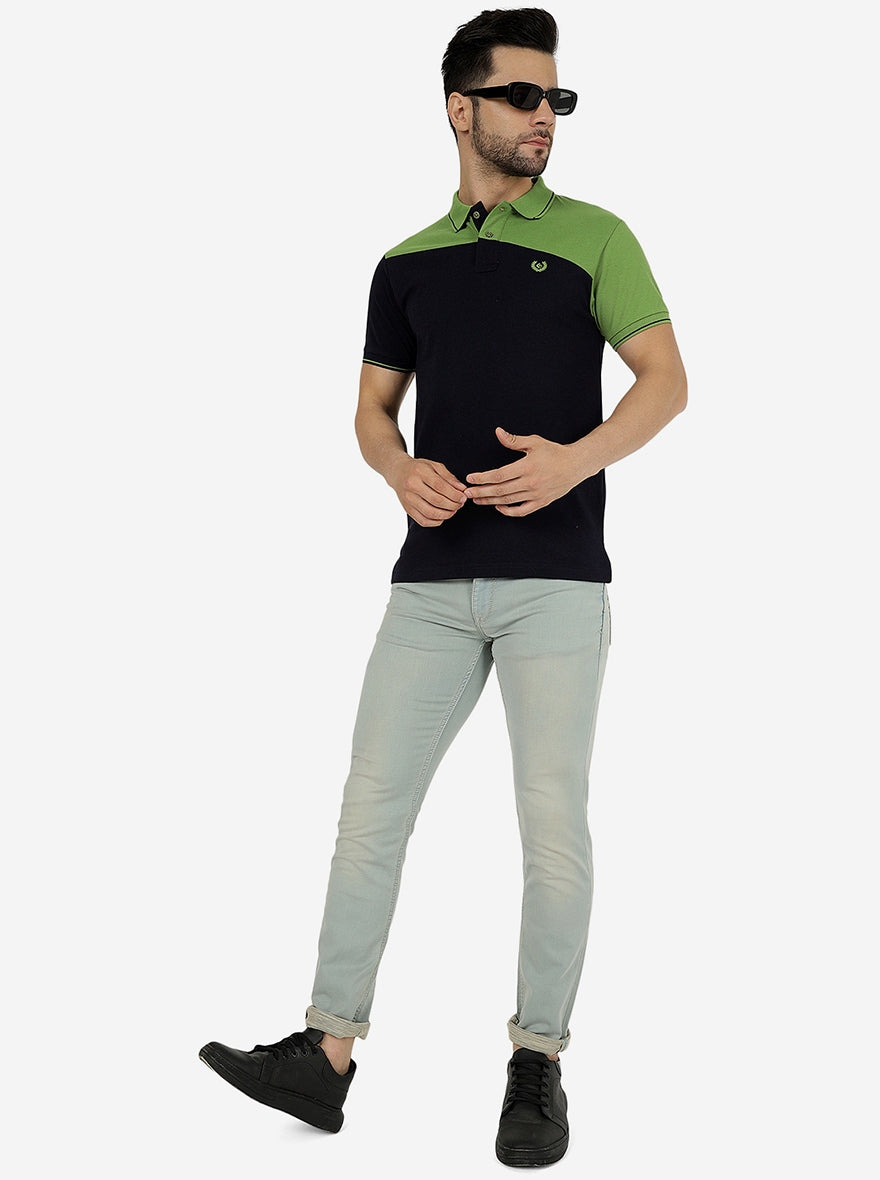 Green & Navy Blue Solid Slim Fit Polo T-Shirt | Greenfibre