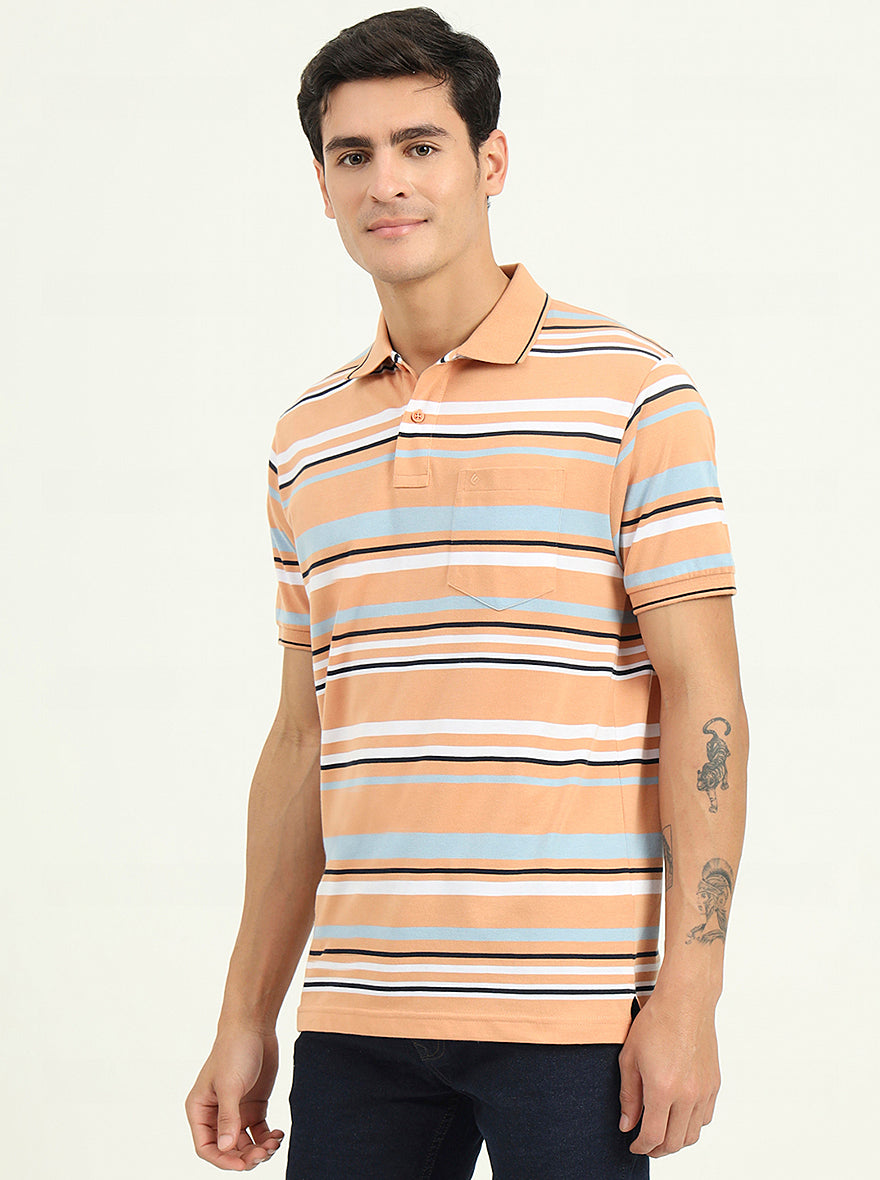 Orange & Stone Blue Striped Slim Fit Polo T-Shirt | Greenfibre