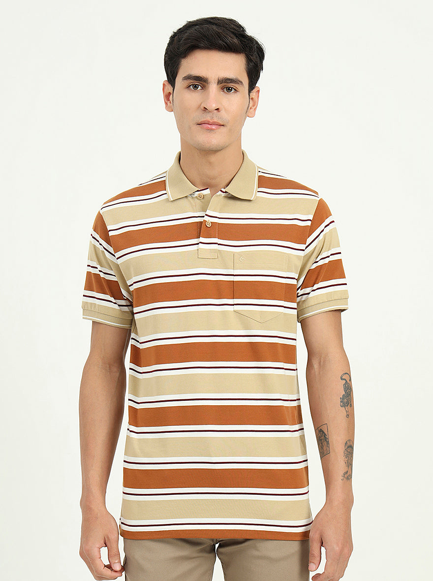 Brown & Beige Striped Slim Fit Polo T-Shirt | Greenfibre