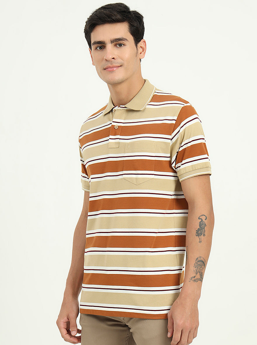 Brown & Beige Striped Slim Fit Polo T-Shirt | Greenfibre