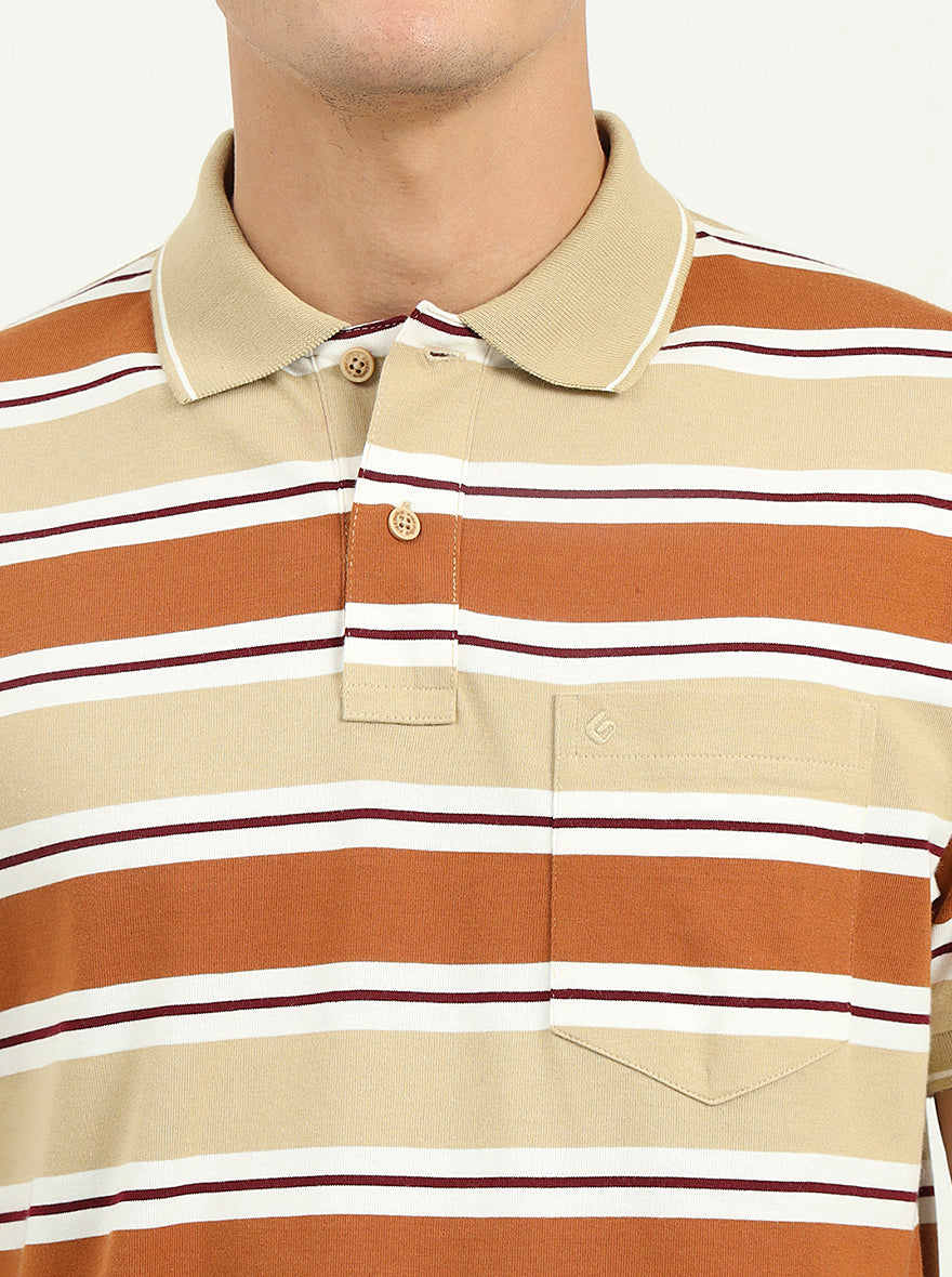 Brown & Beige Striped Slim Fit Polo T-Shirt | Greenfibre