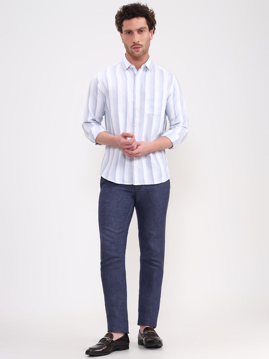 Blue & White Striped Slim Fit Casual Shirt | Greenfibre