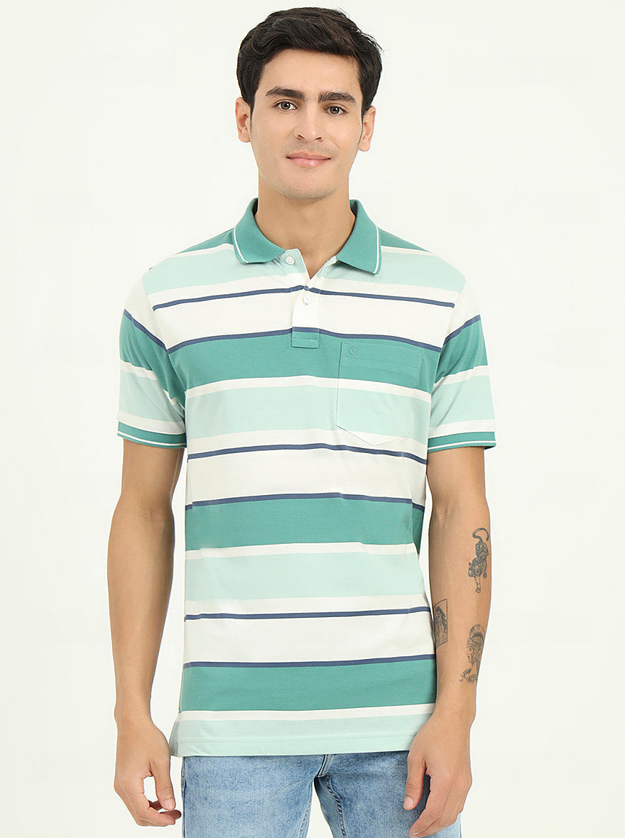 Sage Green & White Striped Slim Fit Polo T-Shirt | Greenfibre
