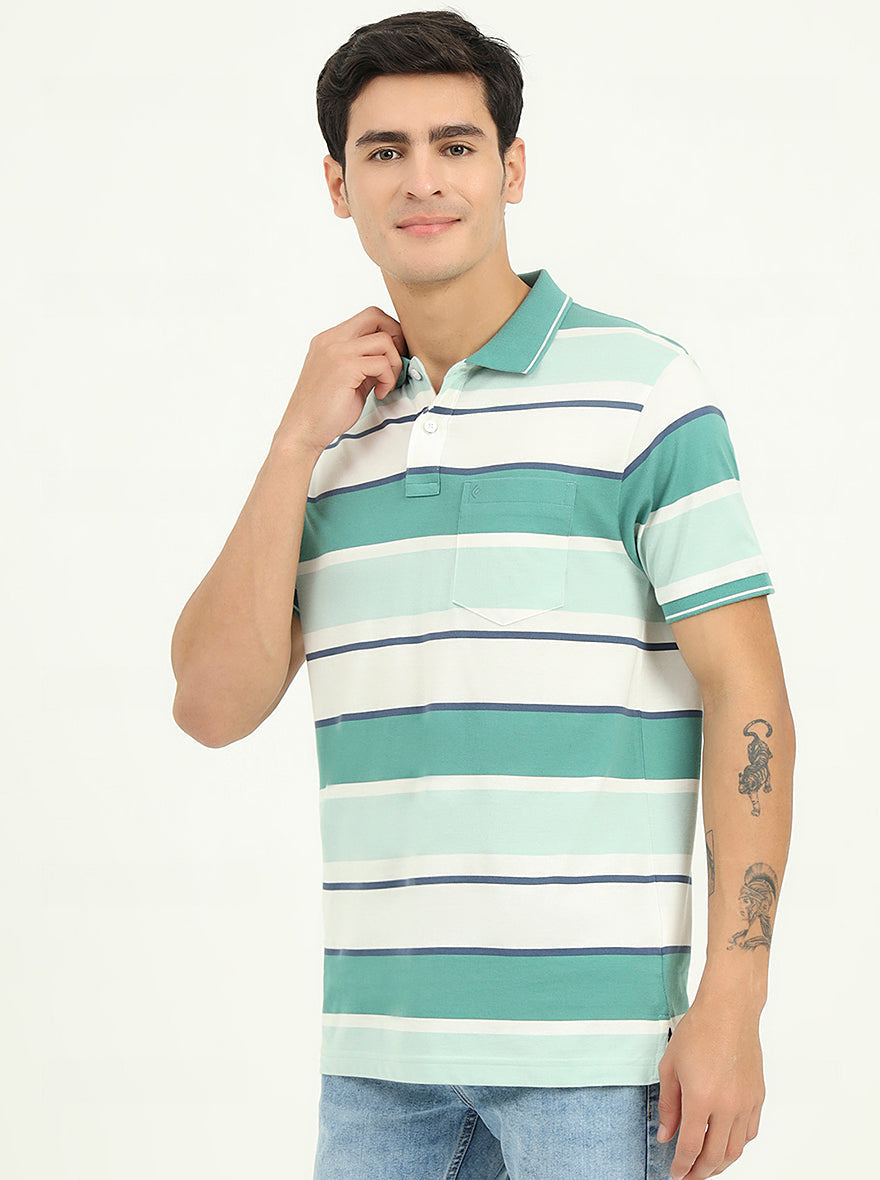 Sage Green & White Striped Slim Fit Polo T-Shirt | Greenfibre