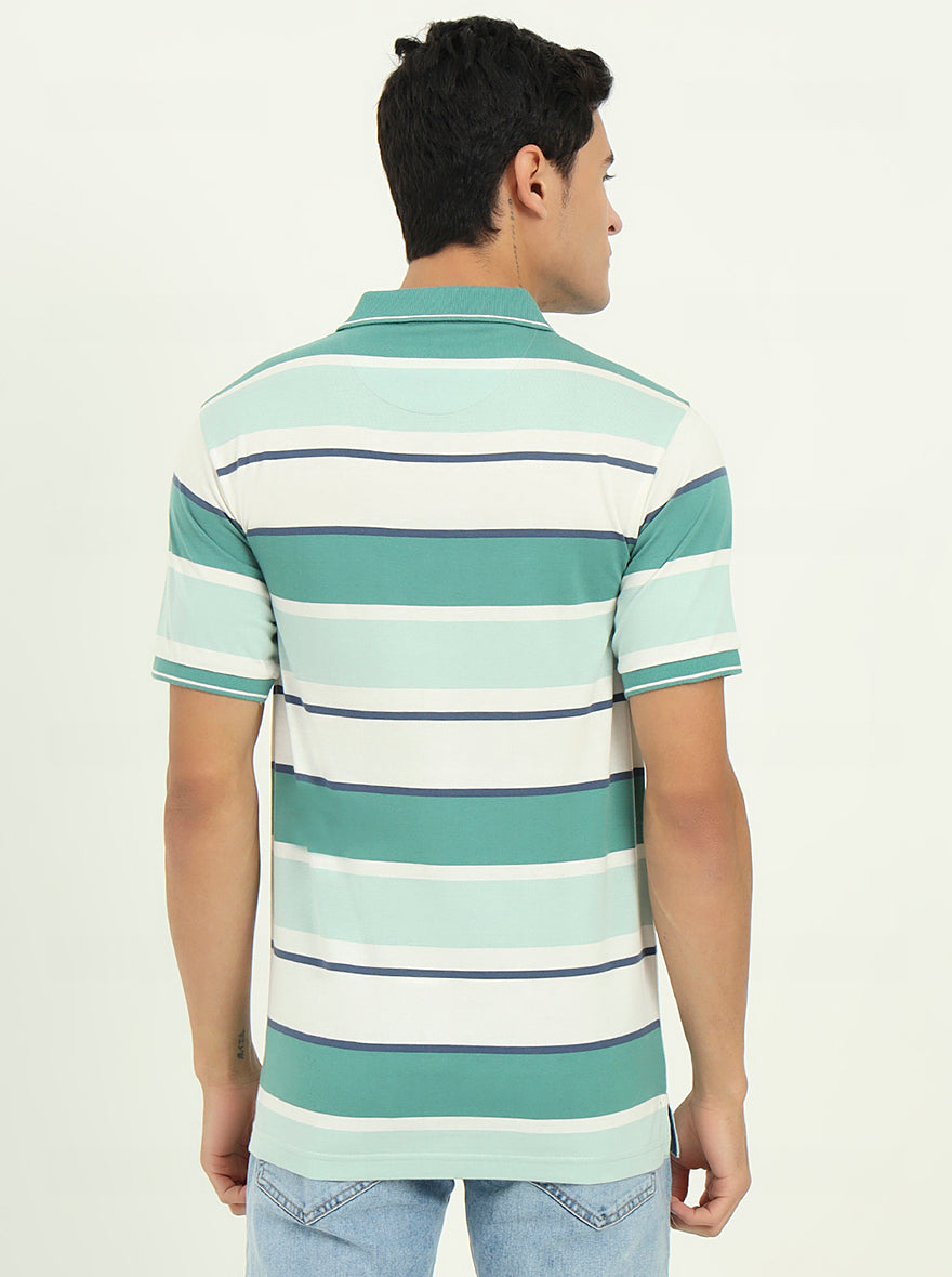 Sage Green & White Striped Slim Fit Polo T-Shirt | Greenfibre