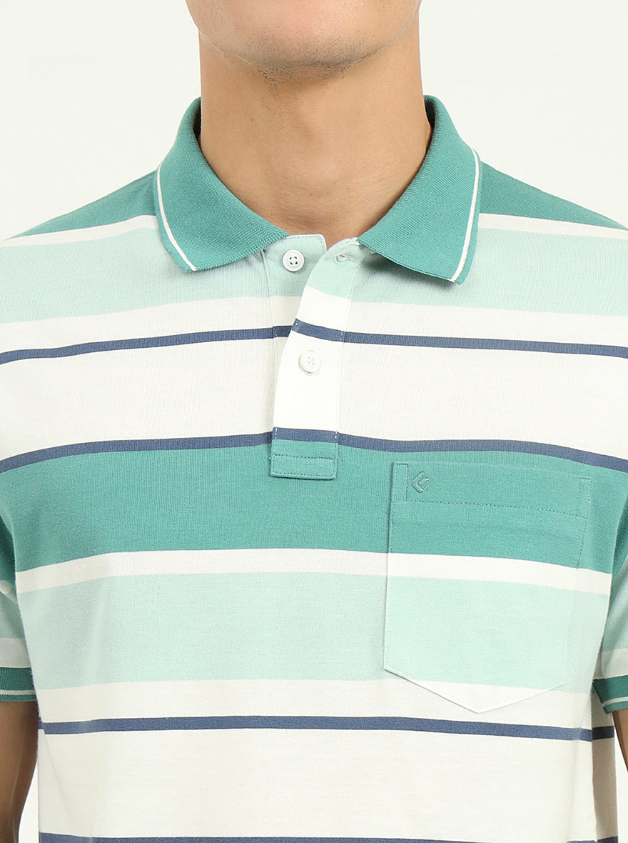 Sage Green & White Striped Slim Fit Polo T-Shirt | Greenfibre