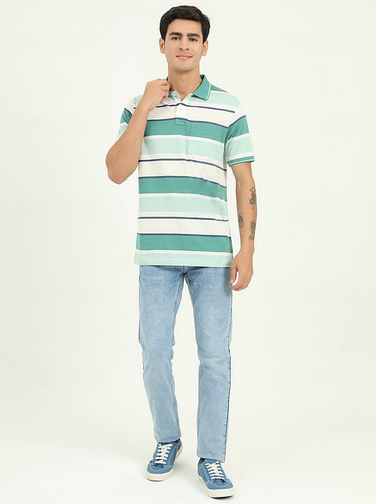 Sage Green & White Striped Slim Fit Polo T-Shirt | Greenfibre