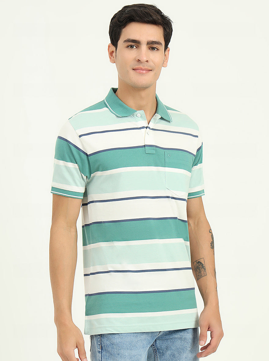 Sage Green & White Striped Slim Fit Polo T-Shirt | Greenfibre