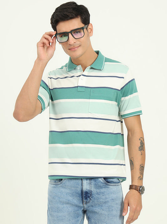 Sage Green & White Striped Slim Fit Polo T-Shirt | Greenfibre
