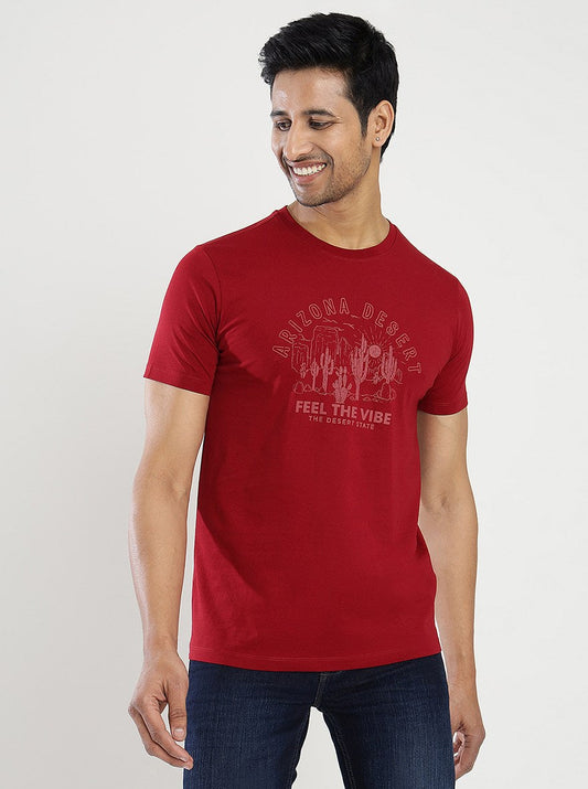 Maroon Printed Slim Fit T-Shirt | Greenfibre