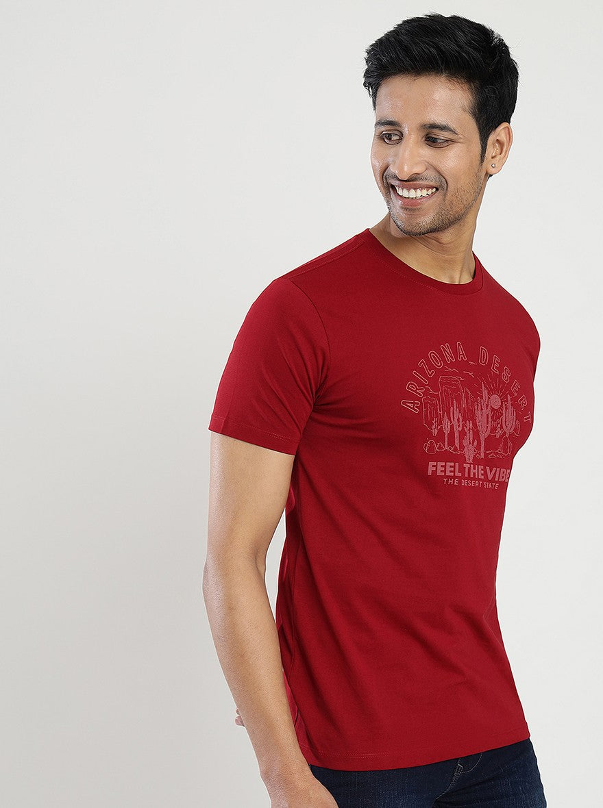 Maroon Printed Slim Fit T-Shirt | Greenfibre