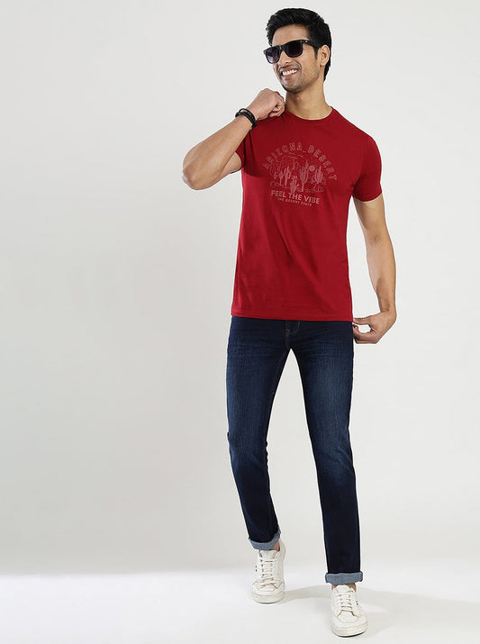 Maroon Printed Slim Fit T-Shirt | Greenfibre