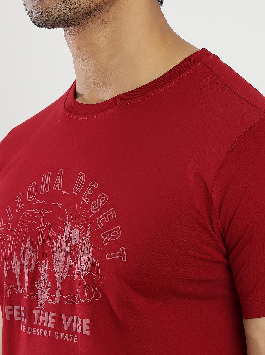Maroon Printed Slim Fit T-Shirt | Greenfibre