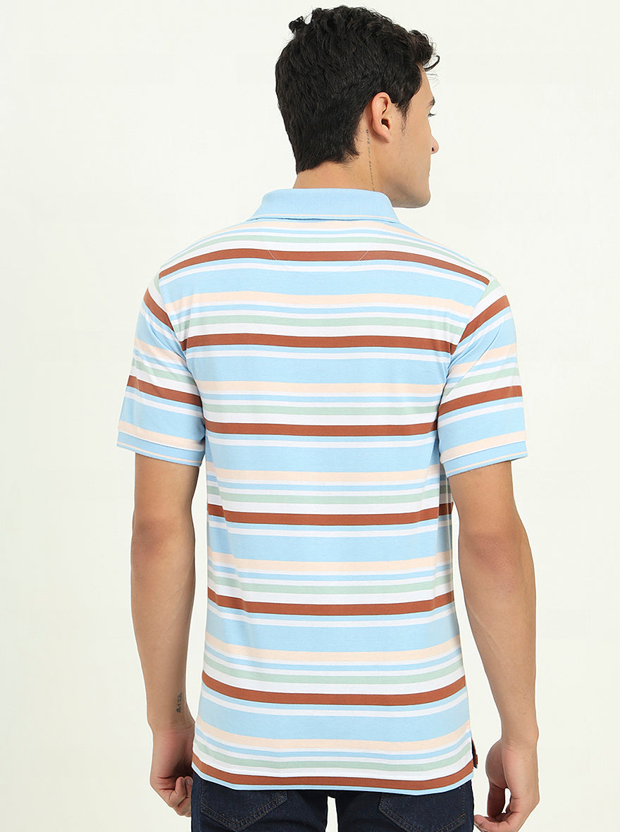 Sky Blue & Brown Striped Slim Fit Polo T-Shirt | Greenfibre