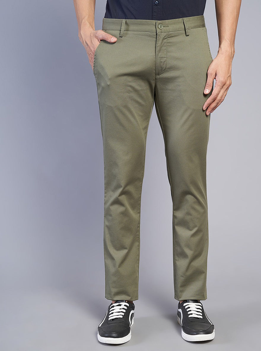 Olive Green Solid Super Slim Fit Casual Trouser | Greenfibre