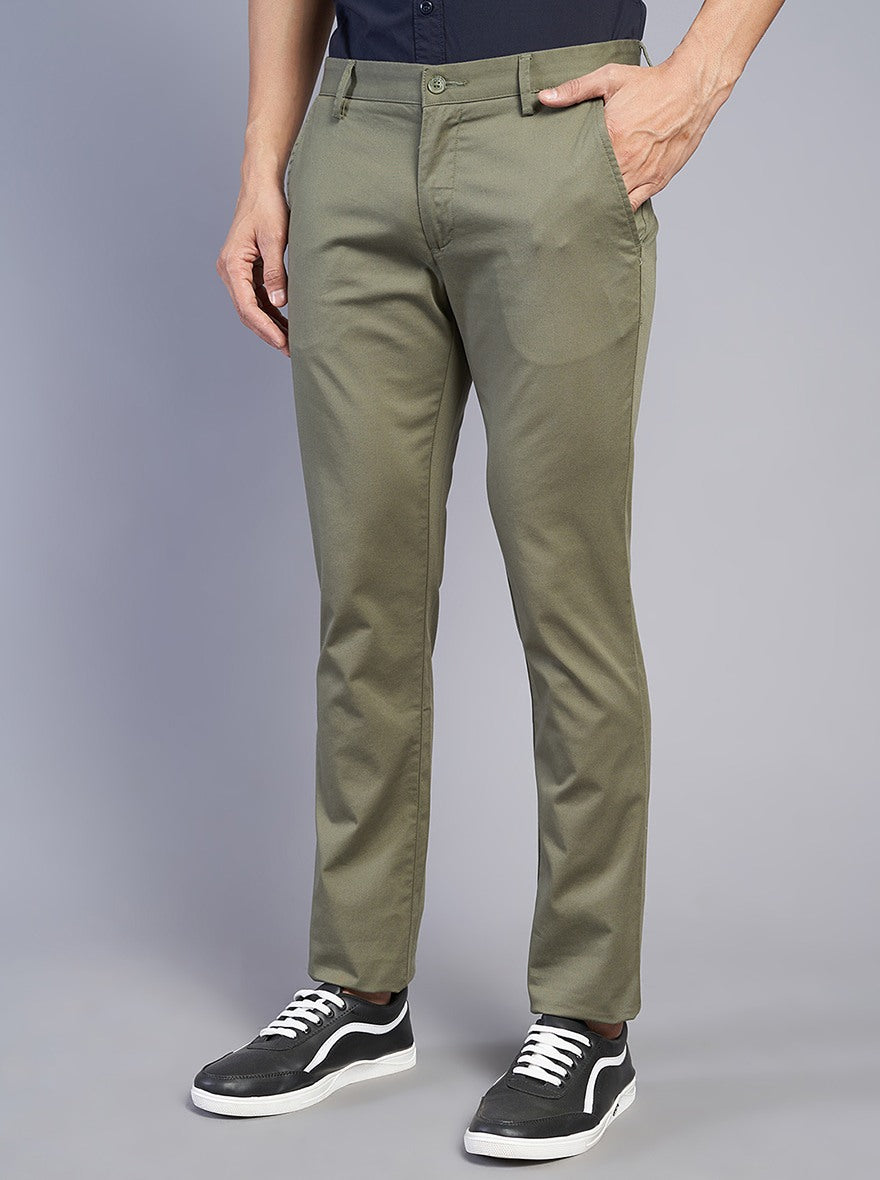 Olive Green Solid Super Slim Fit Casual Trouser | Greenfibre