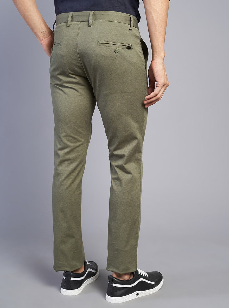 Olive Green Solid Super Slim Fit Casual Trouser | Greenfibre