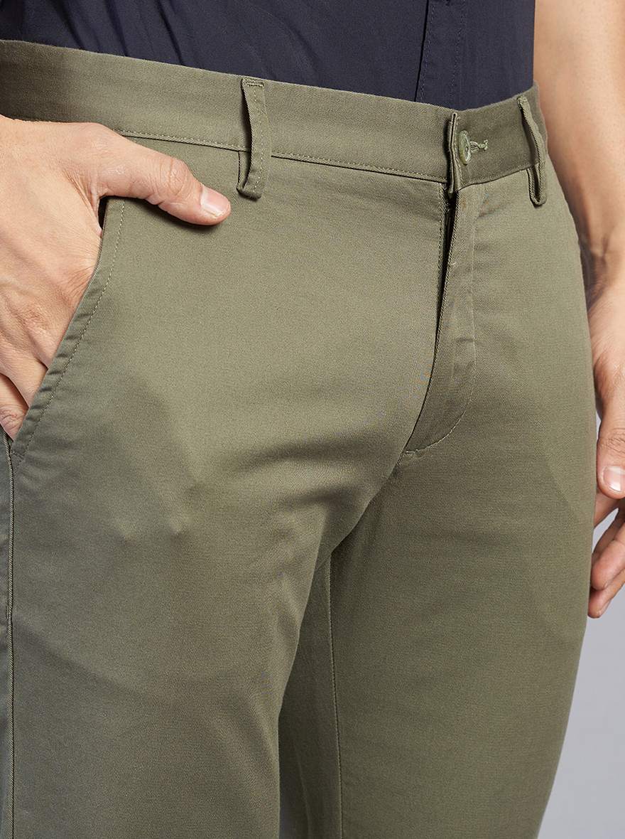 Olive Green Solid Super Slim Fit Casual Trouser | Greenfibre