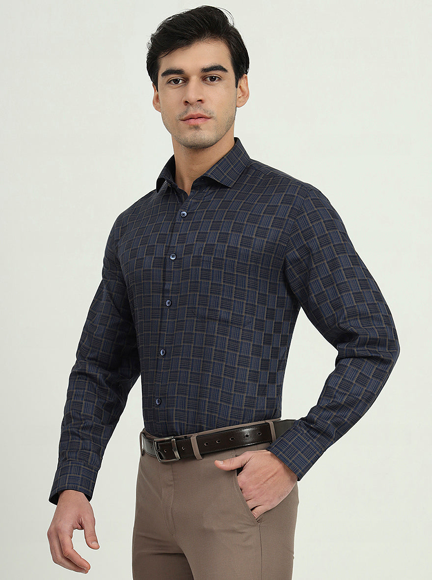 Dark Blue & Olive Checked Regular Fit Formal Shirt | Greenfire