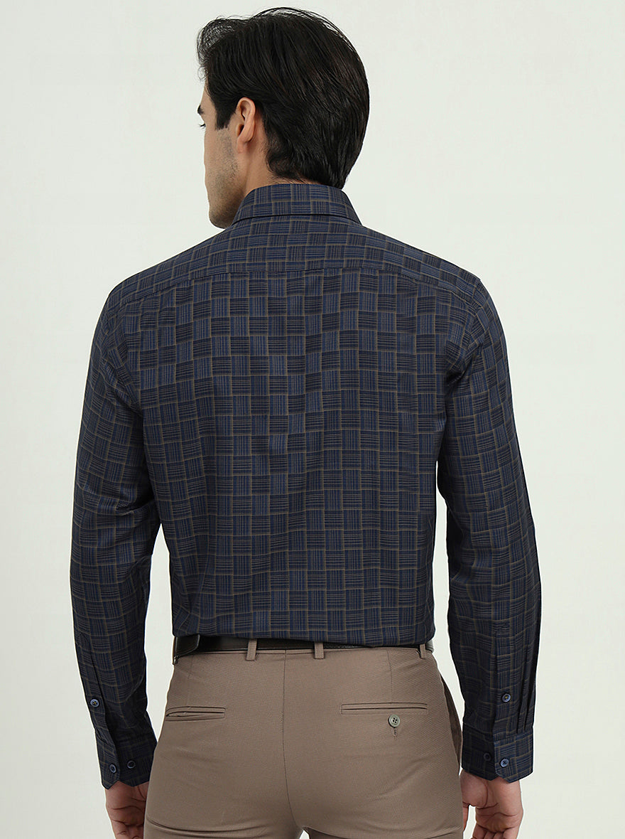 Dark Blue & Olive Checked Regular Fit Formal Shirt | Greenfire