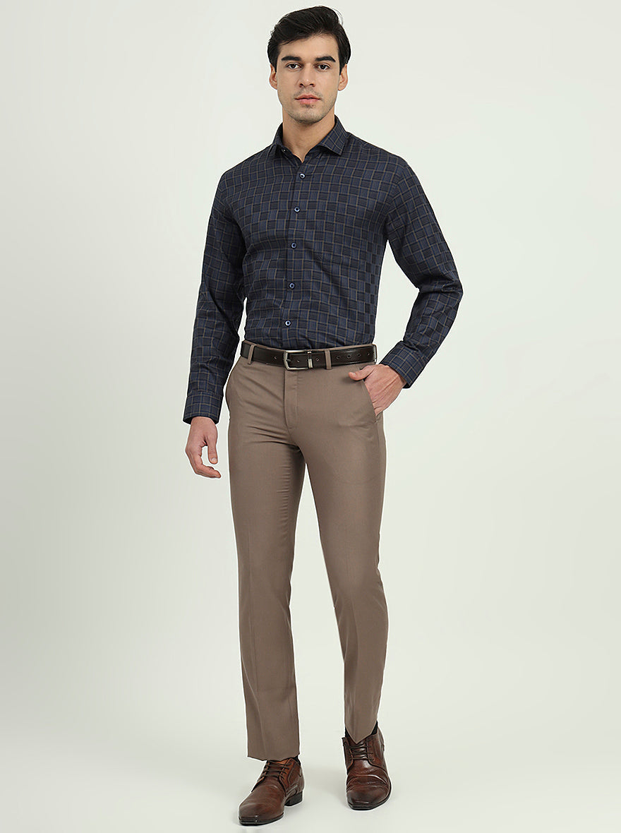 Dark Blue & Olive Checked Regular Fit Formal Shirt | Greenfire