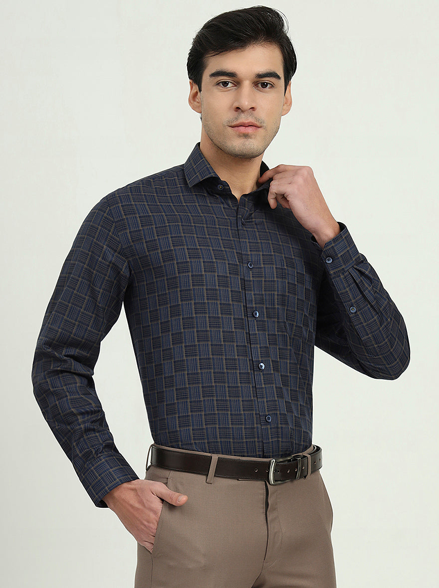 Dark Blue & Olive Checked Regular Fit Formal Shirt | Greenfire