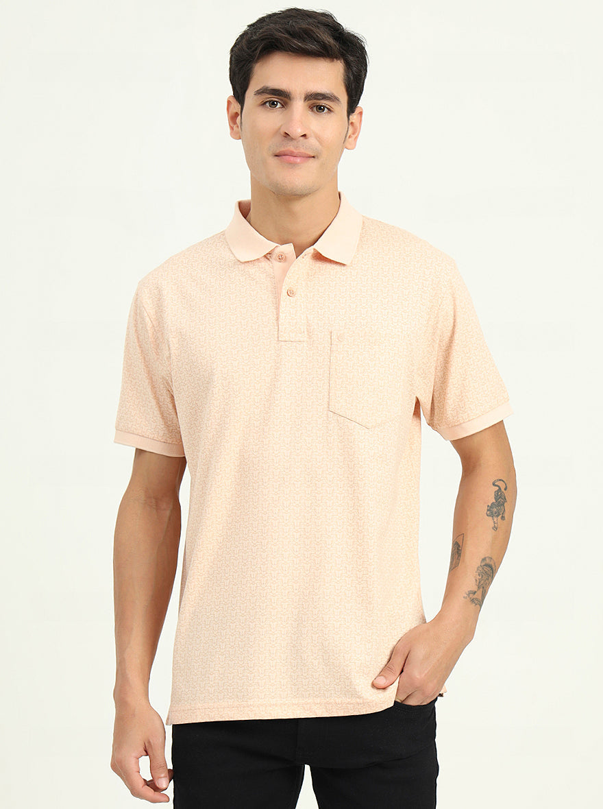Peach Printed Slim Fit Polo T-Shirt | Greenfibre