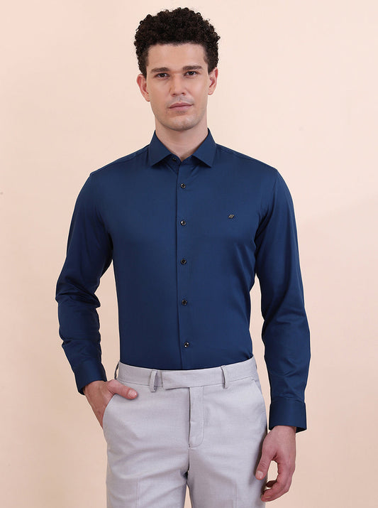 Peacock Blue Solid Slim Fit Party Wear Shirt | Greenfibre