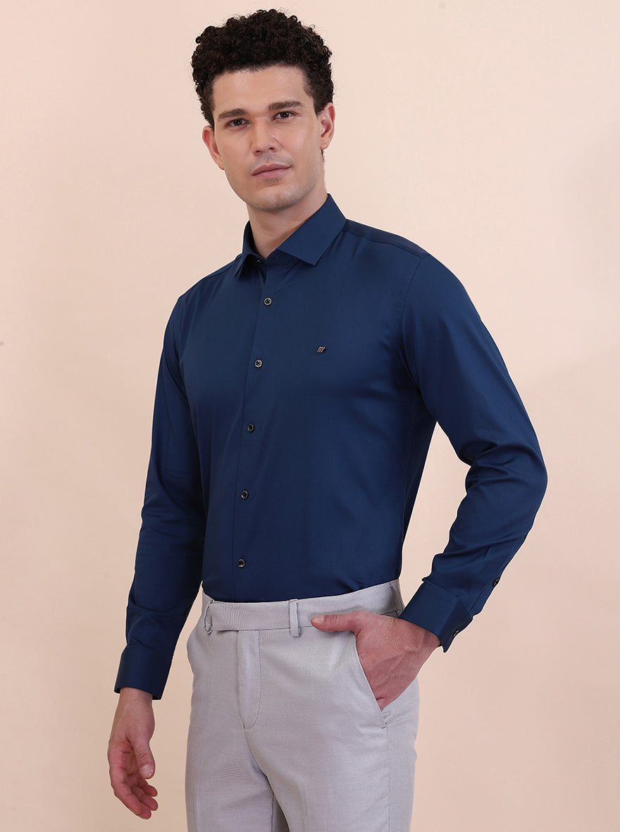 Peacock Blue Solid Slim Fit Party Wear Shirt | Greenfibre