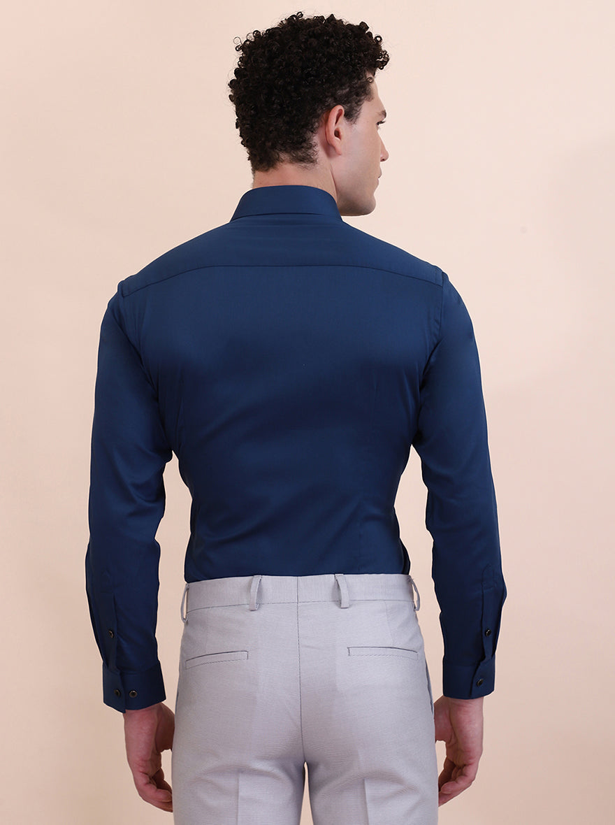 Peacock Blue Solid Slim Fit Party Wear Shirt | Greenfibre