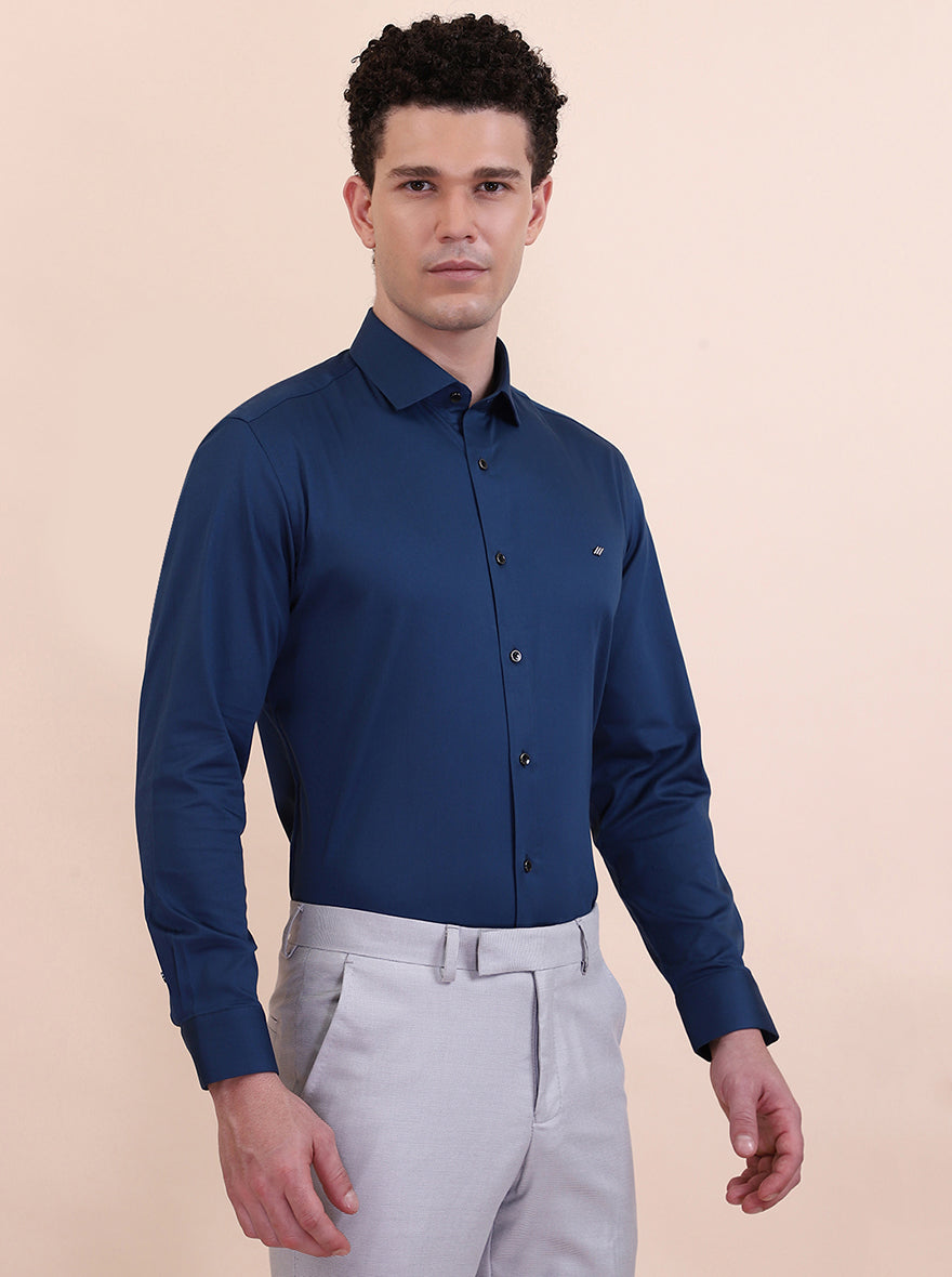 Peacock Blue Solid Slim Fit Party Wear Shirt | Greenfibre