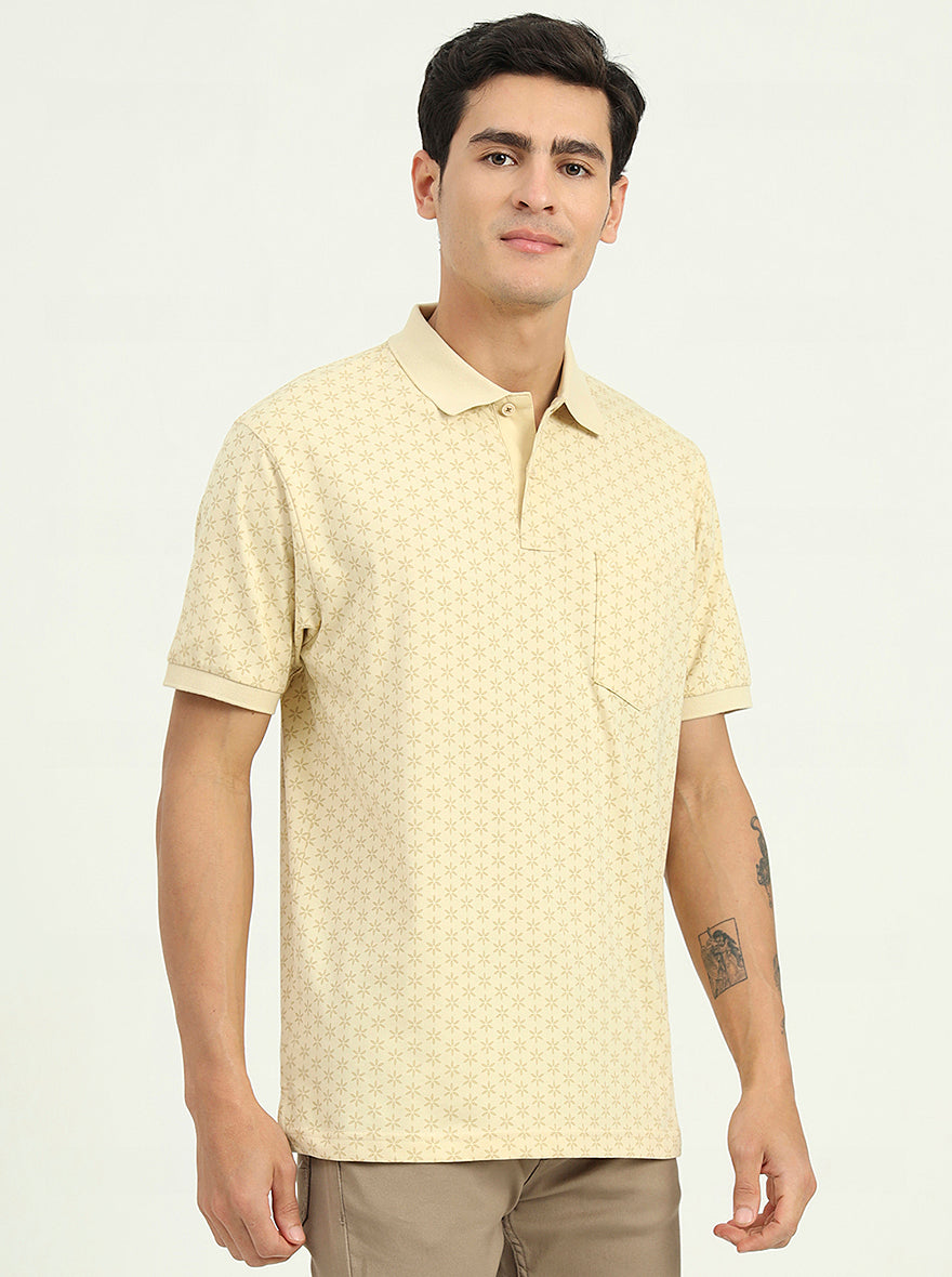 Sun Yellow Printed Regular Fit Polo T-Shirt | Greenfibre