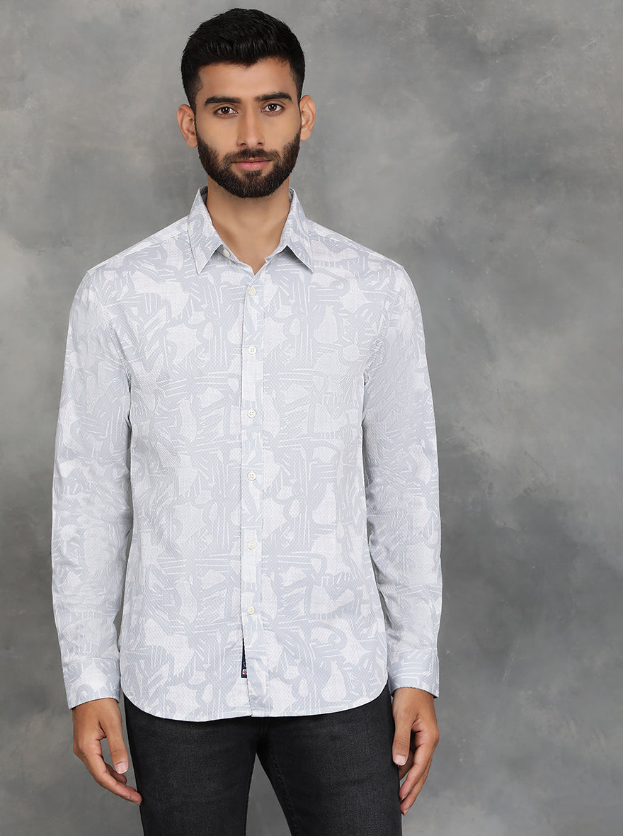 Light Grey Printed Slim Fit Casual Shirt | GreenFibre