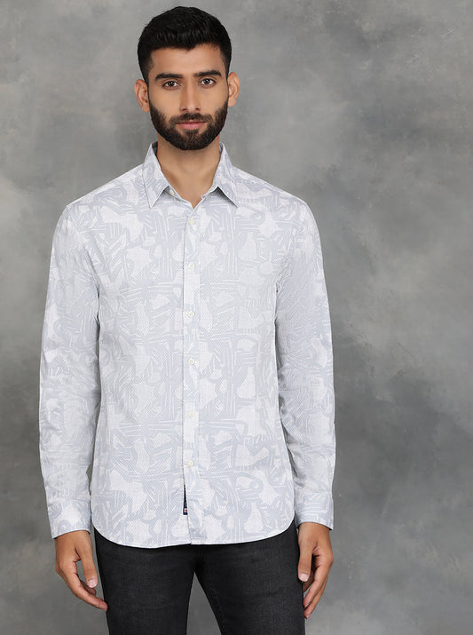Light Grey Printed Slim Fit Casual Shirt | GreenFibre