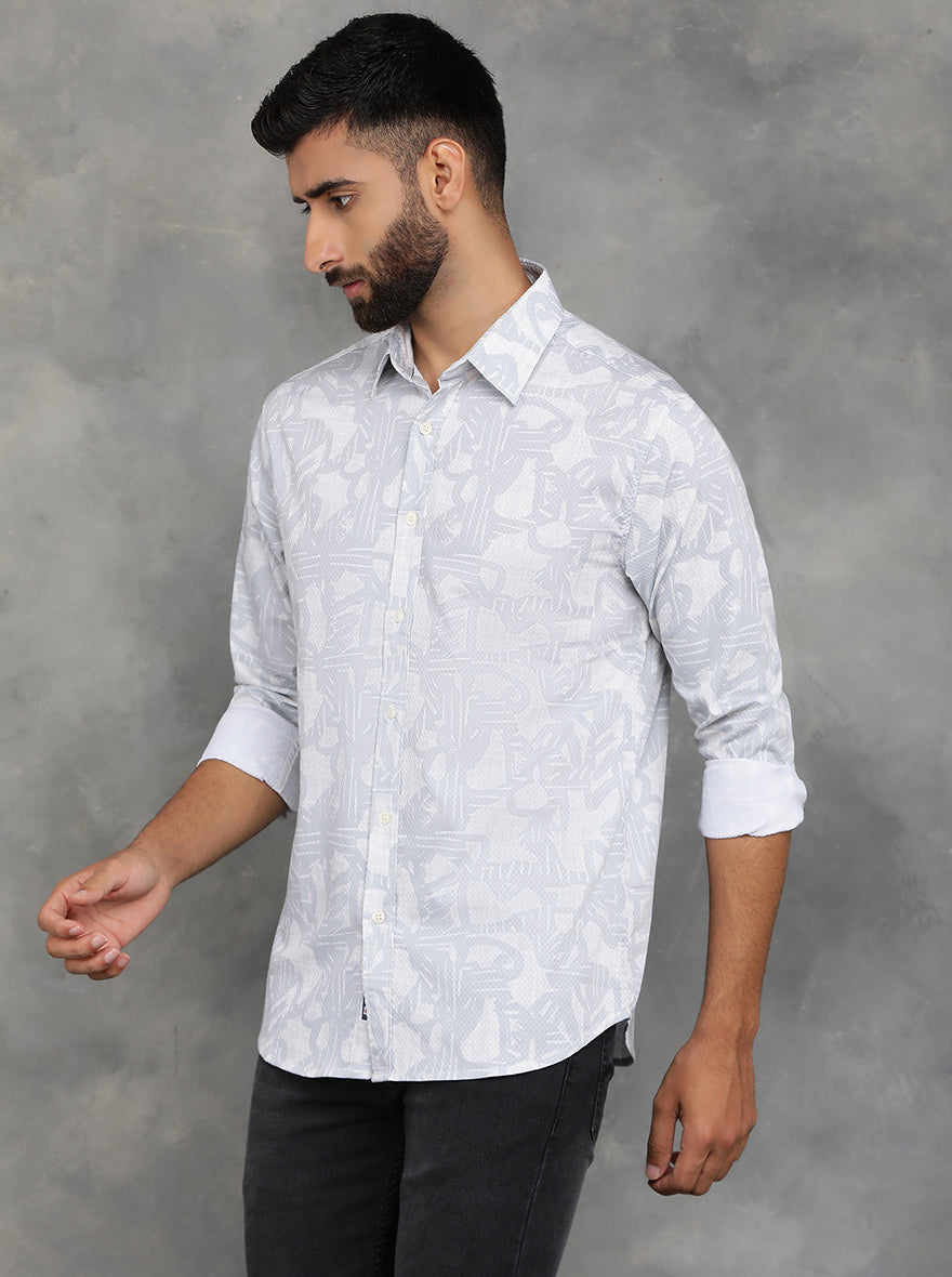 Light Grey Printed Slim Fit Casual Shirt | GreenFibre