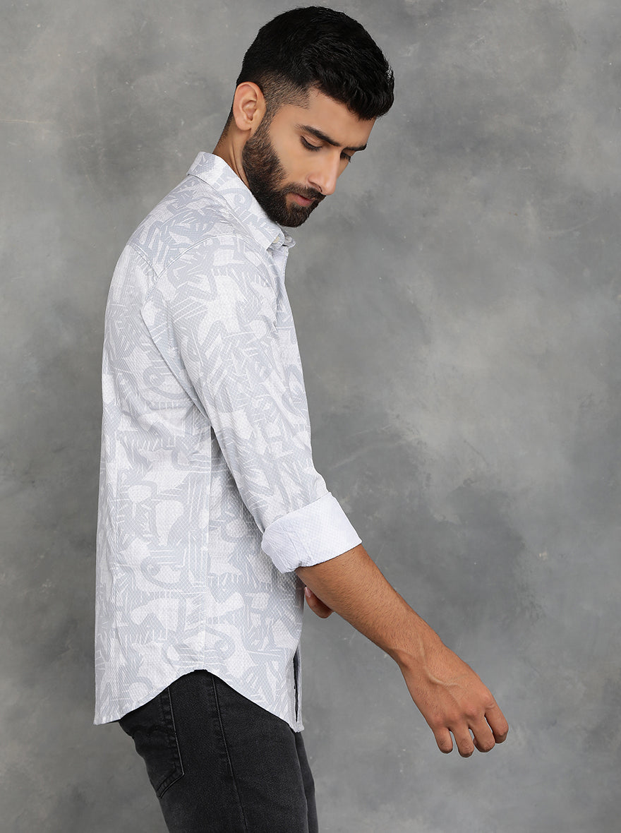Light Grey Printed Slim Fit Casual Shirt | GreenFibre