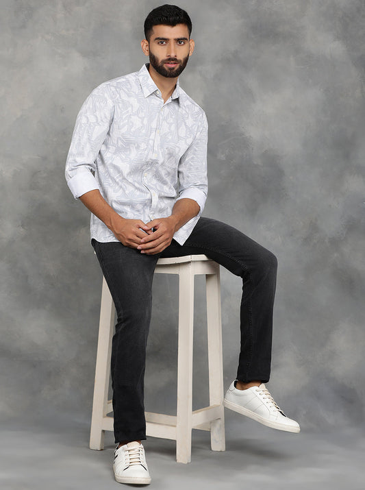 Light Grey Printed Slim Fit Casual Shirt | GreenFibre