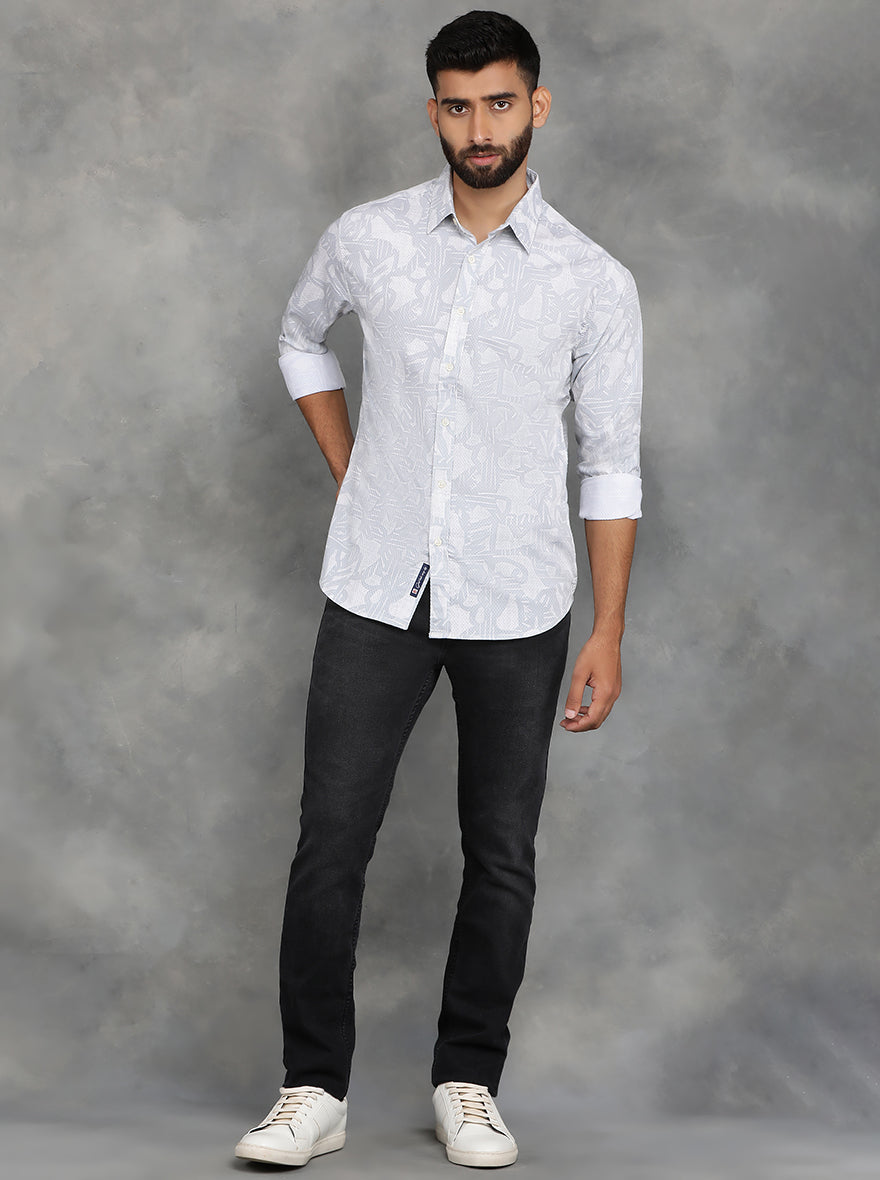 Light Grey Printed Slim Fit Casual Shirt | GreenFibre
