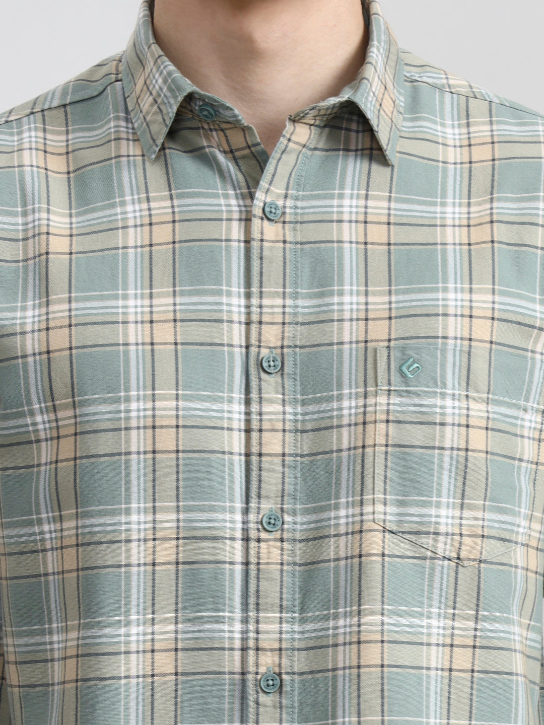 Light Green Checked Slim Fit Casual Shirt | Greenfibre