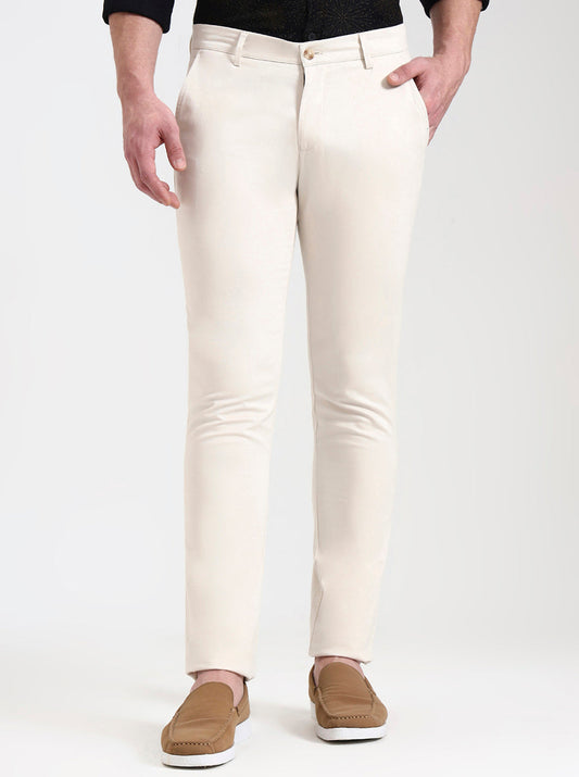 Cream Solid Super Slim Fit Casual Trouser | Greenfibre