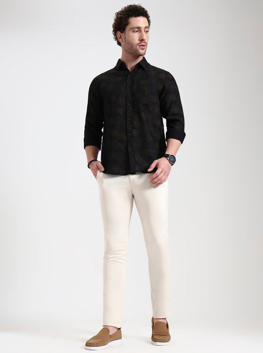 Cream Solid Super Slim Fit Casual Trouser | Greenfibre