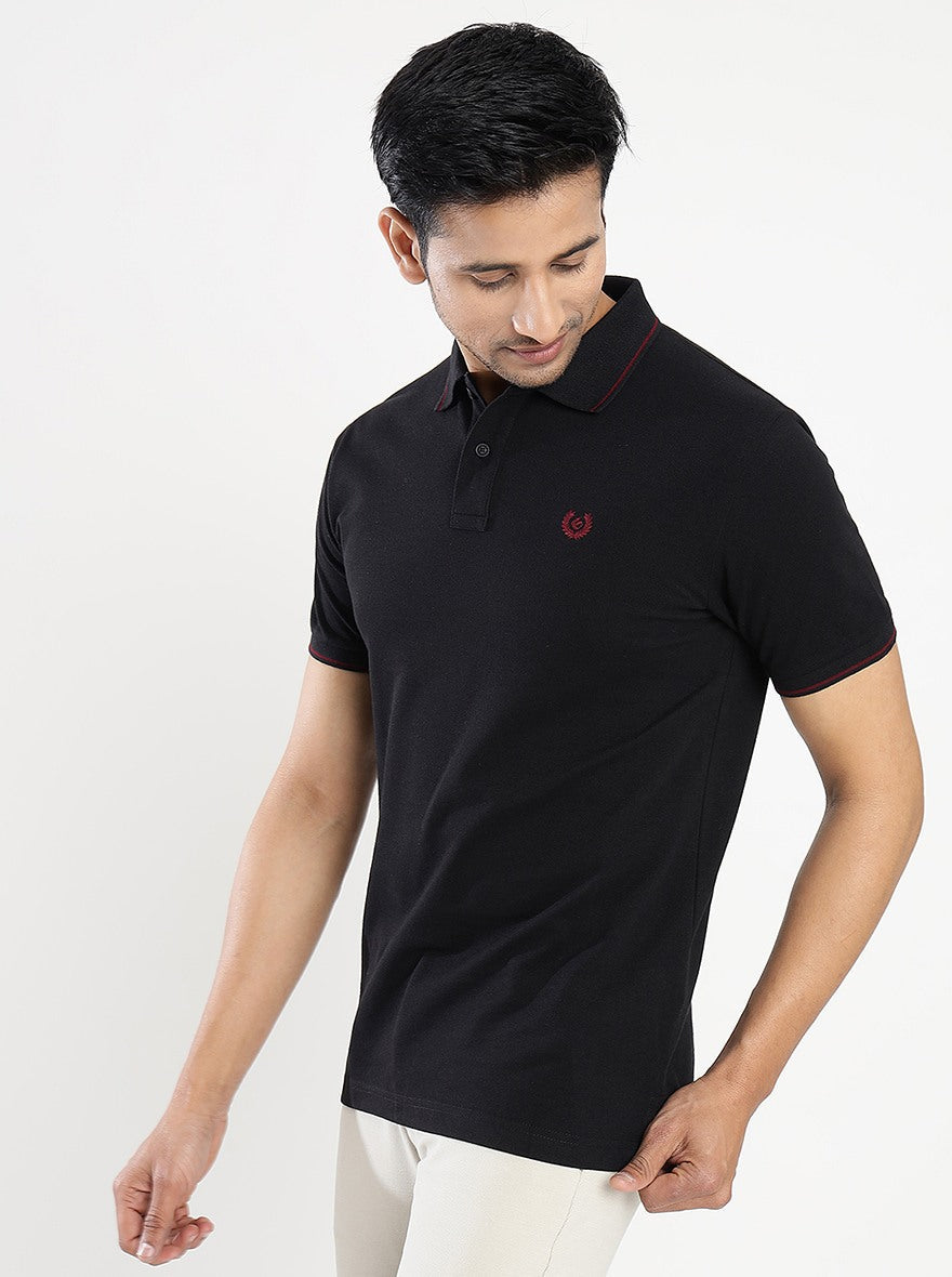 Black Solid Slim Fit Polo T-Shirt | Greenfibre