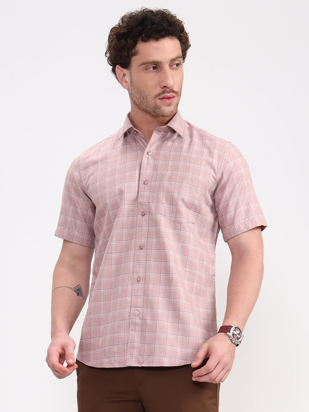 Peach Checked Smart Fit Semi Casual Shirt | Greenfibre