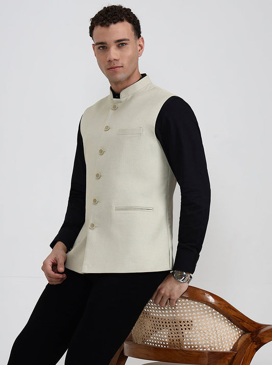 Beige Solid Regular Fit Waistcoat | Greenfibre
