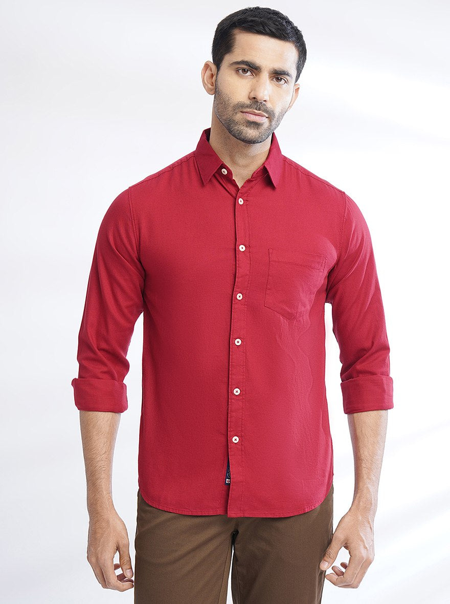 Red Solid Slim Fit Casual Shirt | Greenfibre