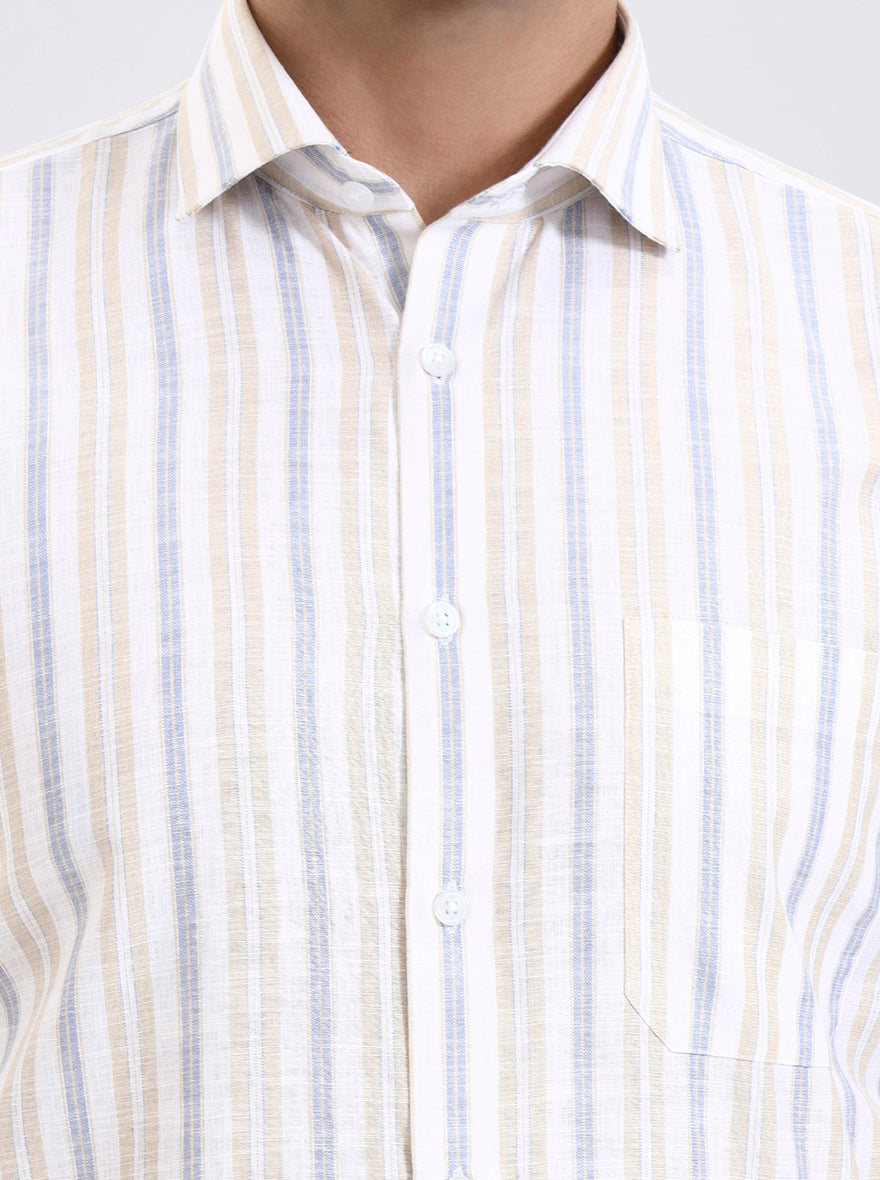 Blue & Fawn Striped Regular Fit Formal Shirt | Greenfibre