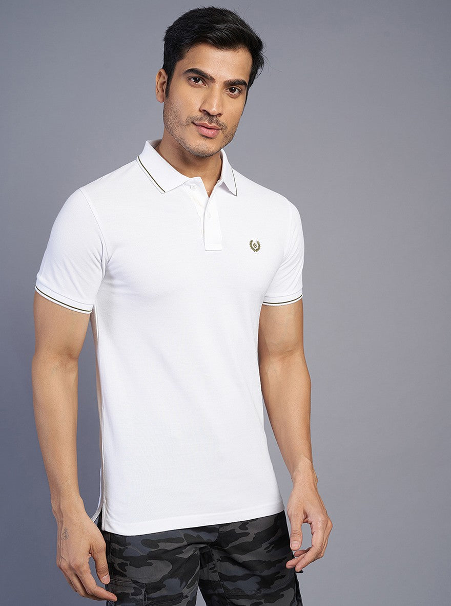 White Solid Slim Fit Polo T-Shirt | Greenfibre