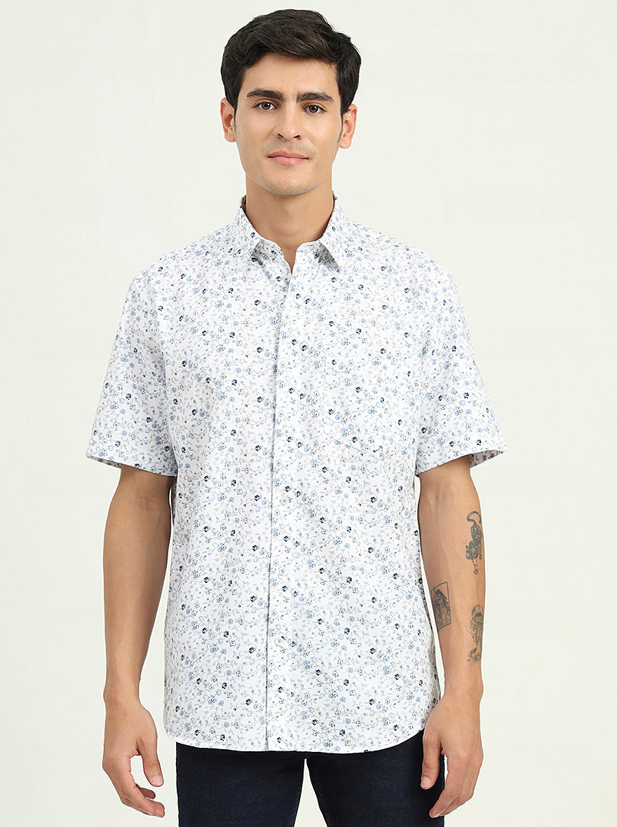 Blue Printed Slim Fit Semi Casual Shirt | Greenfibre