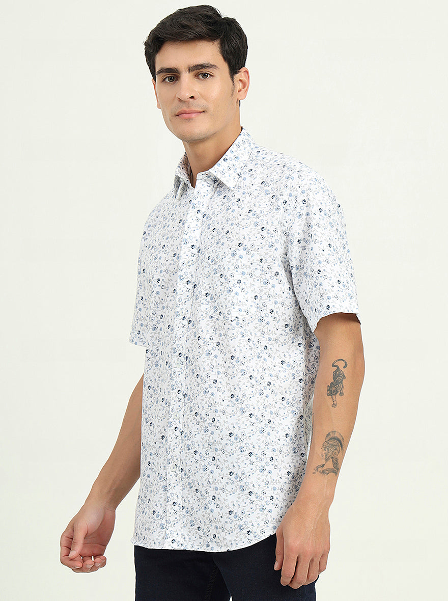 Blue Printed Slim Fit Semi Casual Shirt | Greenfibre
