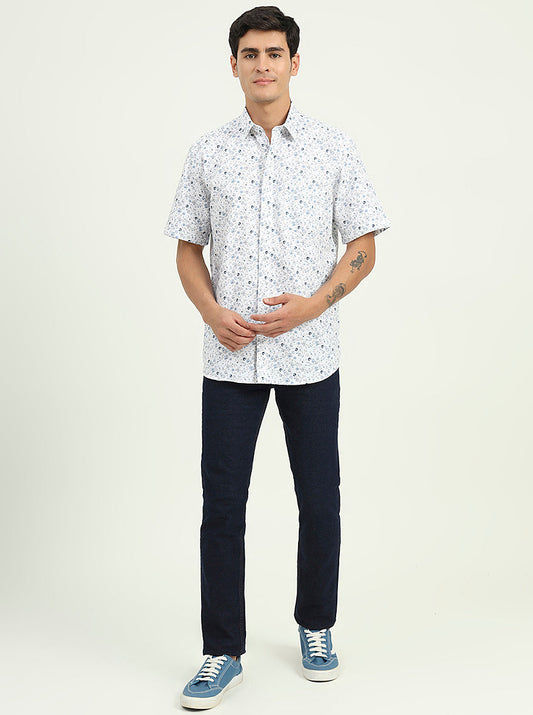 Blue Printed Slim Fit Semi Casual Shirt | Greenfibre